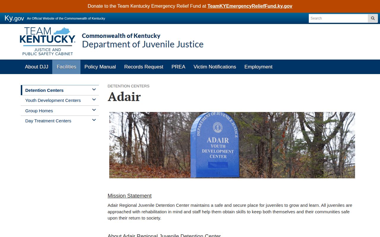 Adair Regional Juvenile Detention Center release and contact source
