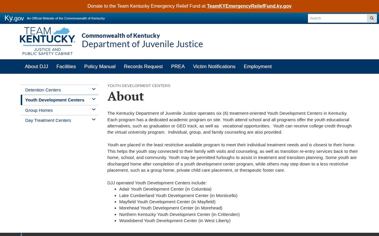 Kentucky DJJ youth development discharge and placement information