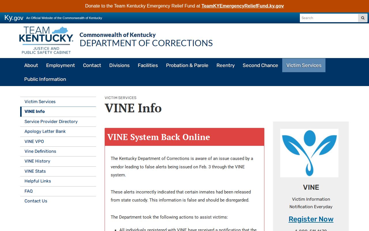 Kentucky DOC VINE coverage and notification information