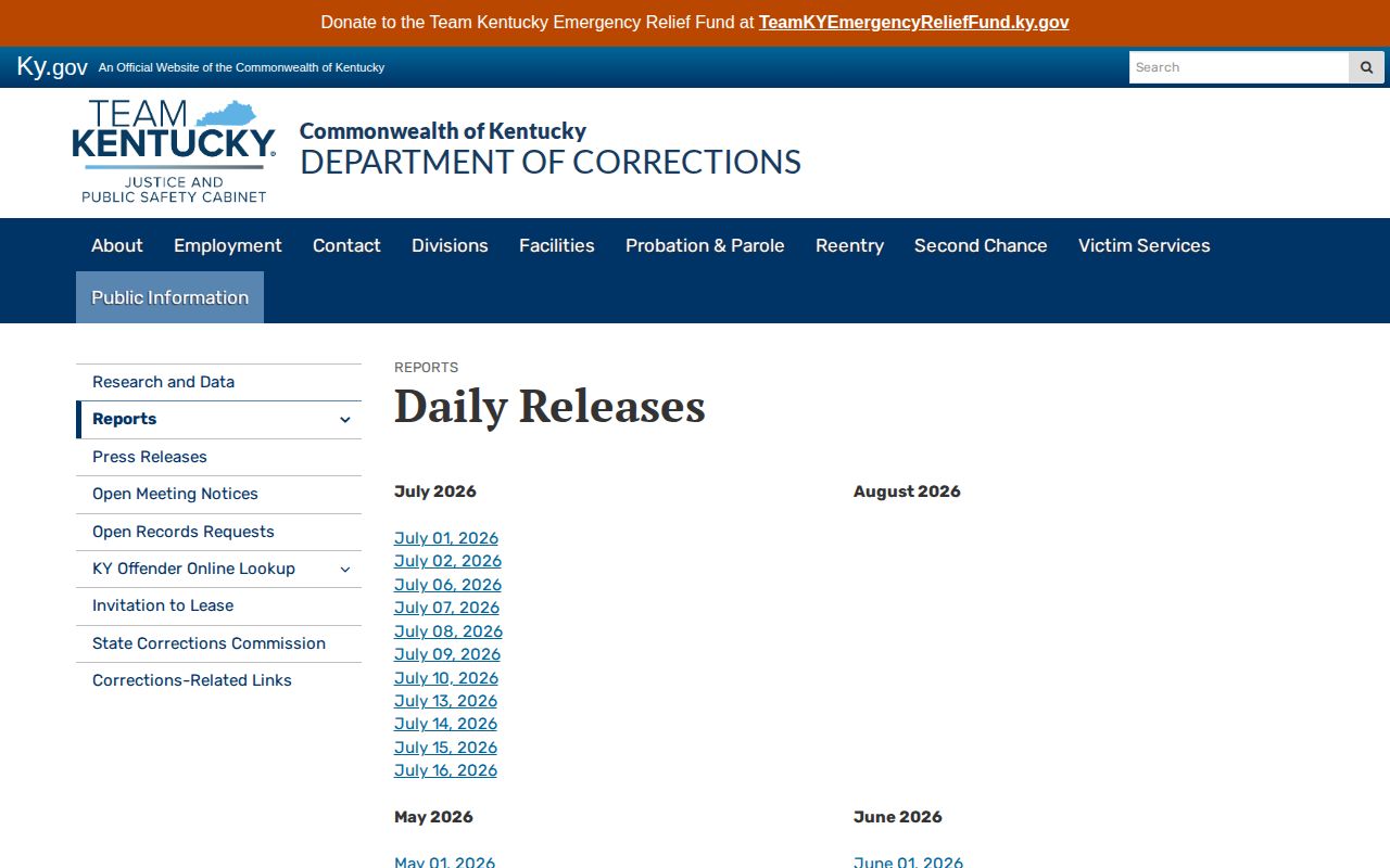Adair County 72-hour release list Kentucky DOC daily files